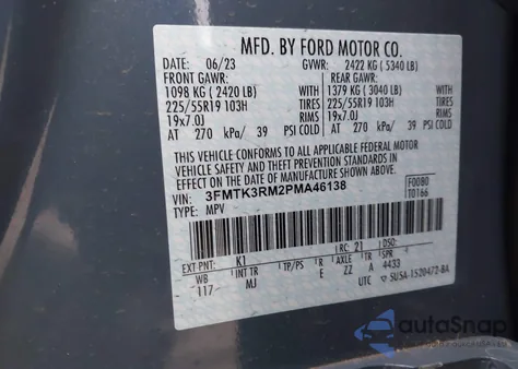 2023 Ford Mustang Mach-E Premium z USA, uszkodzony, nr VIN 3FMTK3RM2PMA46138